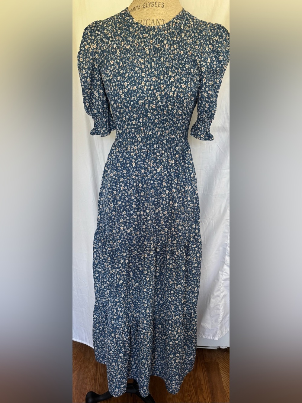 BTFBM Women’s Smocked Tiered Maxi Dress in Blue/ White Floral Sz S
